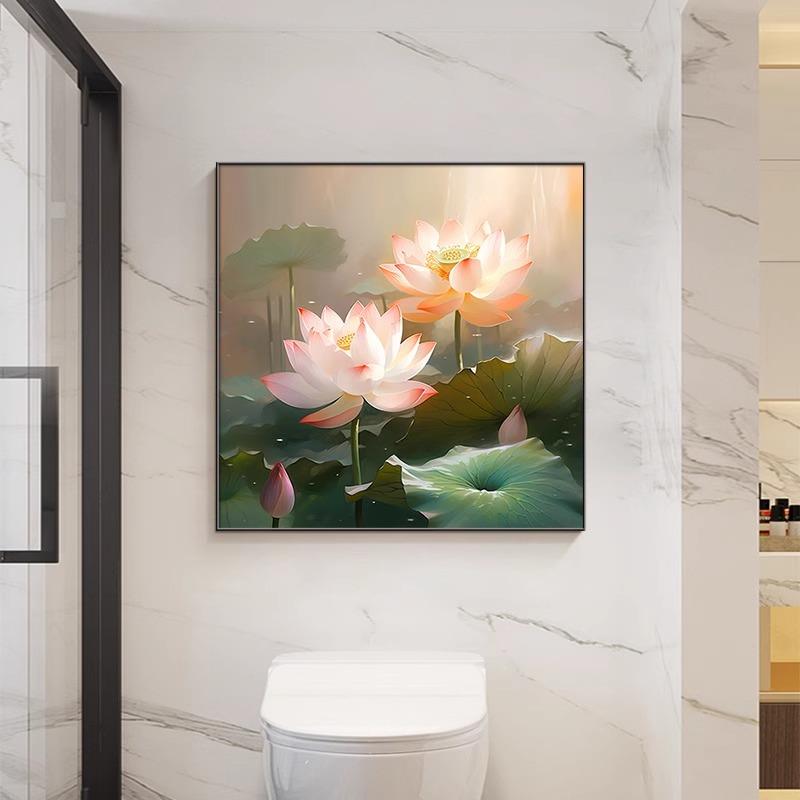 莲画荷花装饰画新中式卫生间浴室免打孔壁画方形餐厅背景墙挂画图片