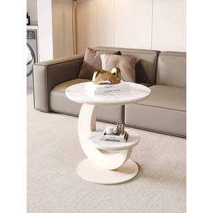 奶油风客厅岩板边几沙发边桌轻奢高级感小圆桌小茶几创意双层角几