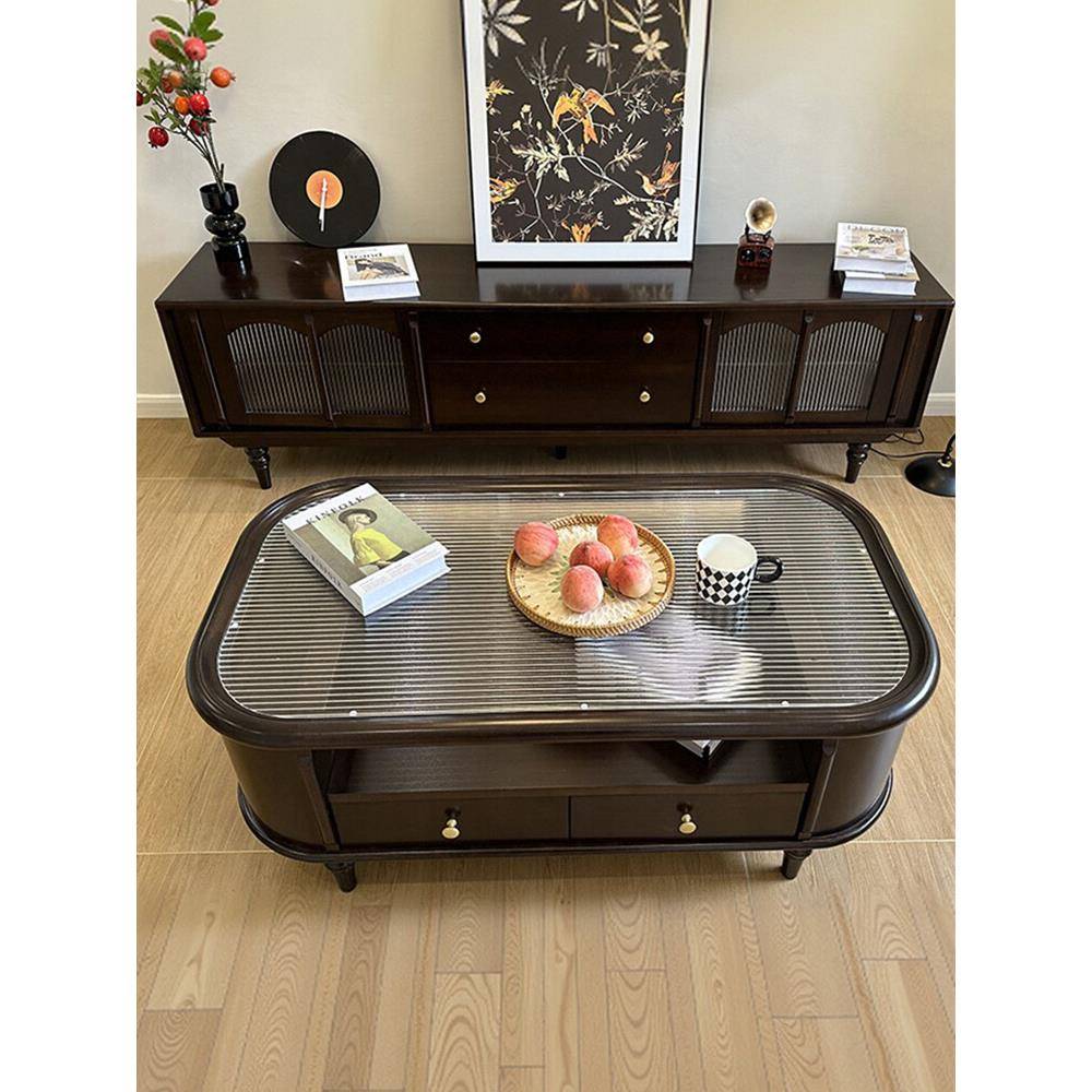 经典美式实木长方形茶几核桃木全实木轻奢美式乡村带抽屉客厅家具