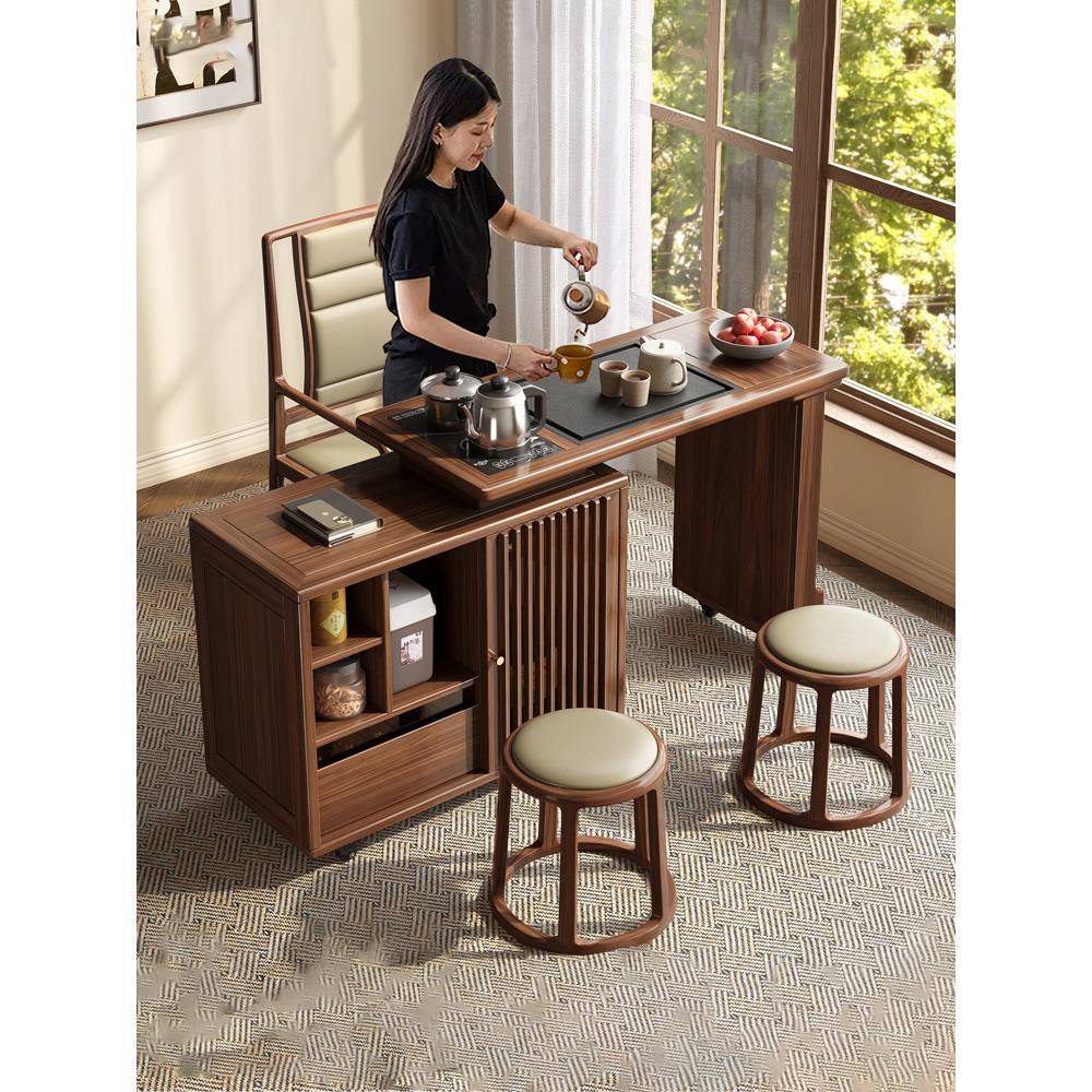 全实木旋转移动茶桌椅客厅阳台休闲胡桃木家用茶台多功能移动茶车
