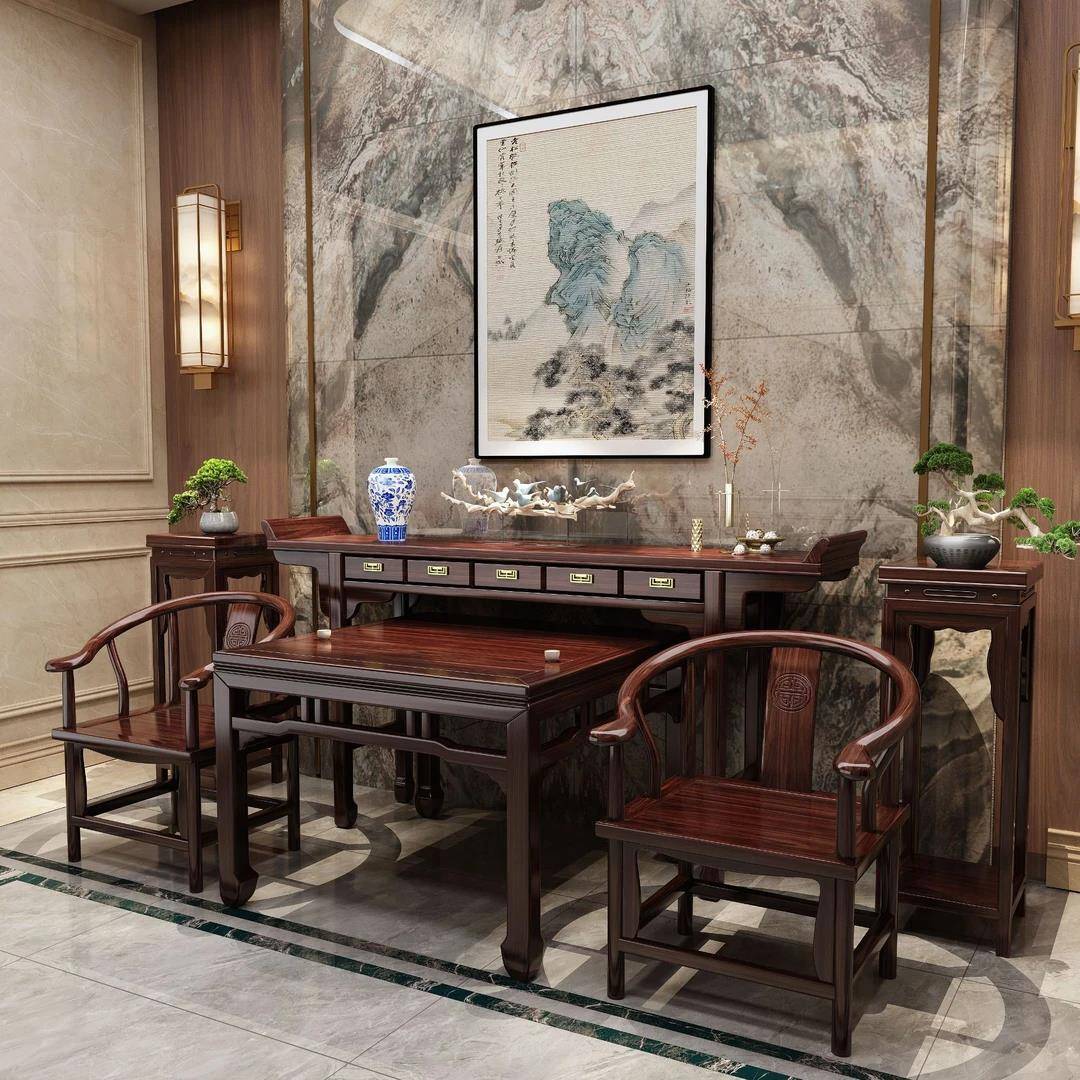 新中式乌金木实木供桌中堂六件套农村条案佛桌翘头农村八仙桌神台