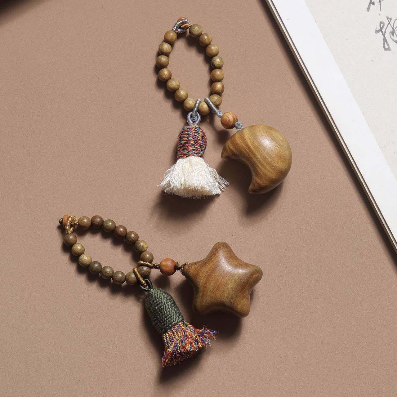 正品天然绿檀木星星月亮挂件木雕手把件吊坠流苏钥匙扣配件礼物女