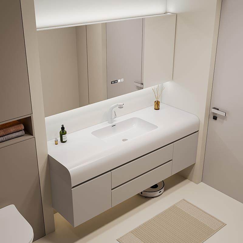 奶油风肤感一体洗脸盆浴室柜组合卫生间陶瓷洗手盆洗漱台实木萧山