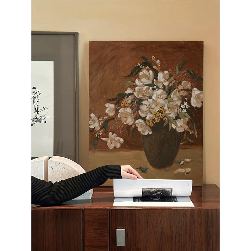 法式复古花瓶客厅装饰画玄关花卉肌理纯手绘油画中古风电表箱挂画图片