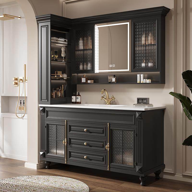 美式橡木浴室柜组合法式卫生间岩板热弯一体洗漱台洗手脸盆落地式