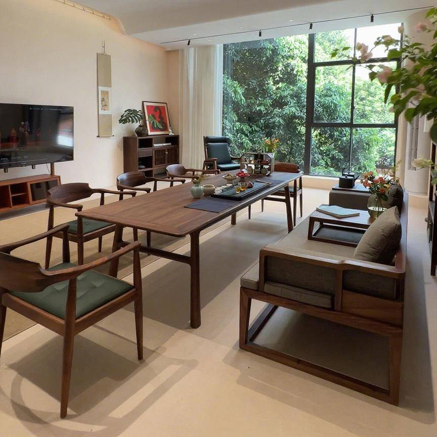 禅意中式北美黑胡桃木茶桌椅组合茶室高级实木茶台爆款办公室茶桌