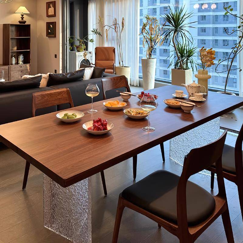 中古风黑胡桃木原木餐桌客厅家用实木饭桌书桌大板桌亚克力悬浮桌