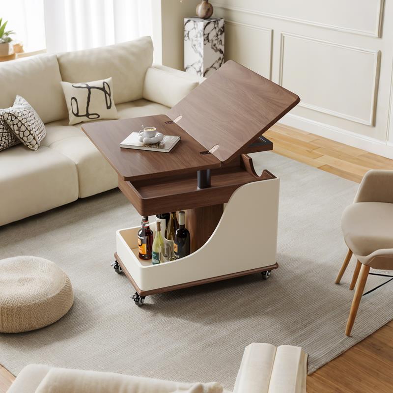 移动升降茶几胡桃木茶几客厅沙发折叠边几家用带轮小推车边柜
