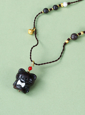珞石黑檀小猫合香珠编织毛衣链女