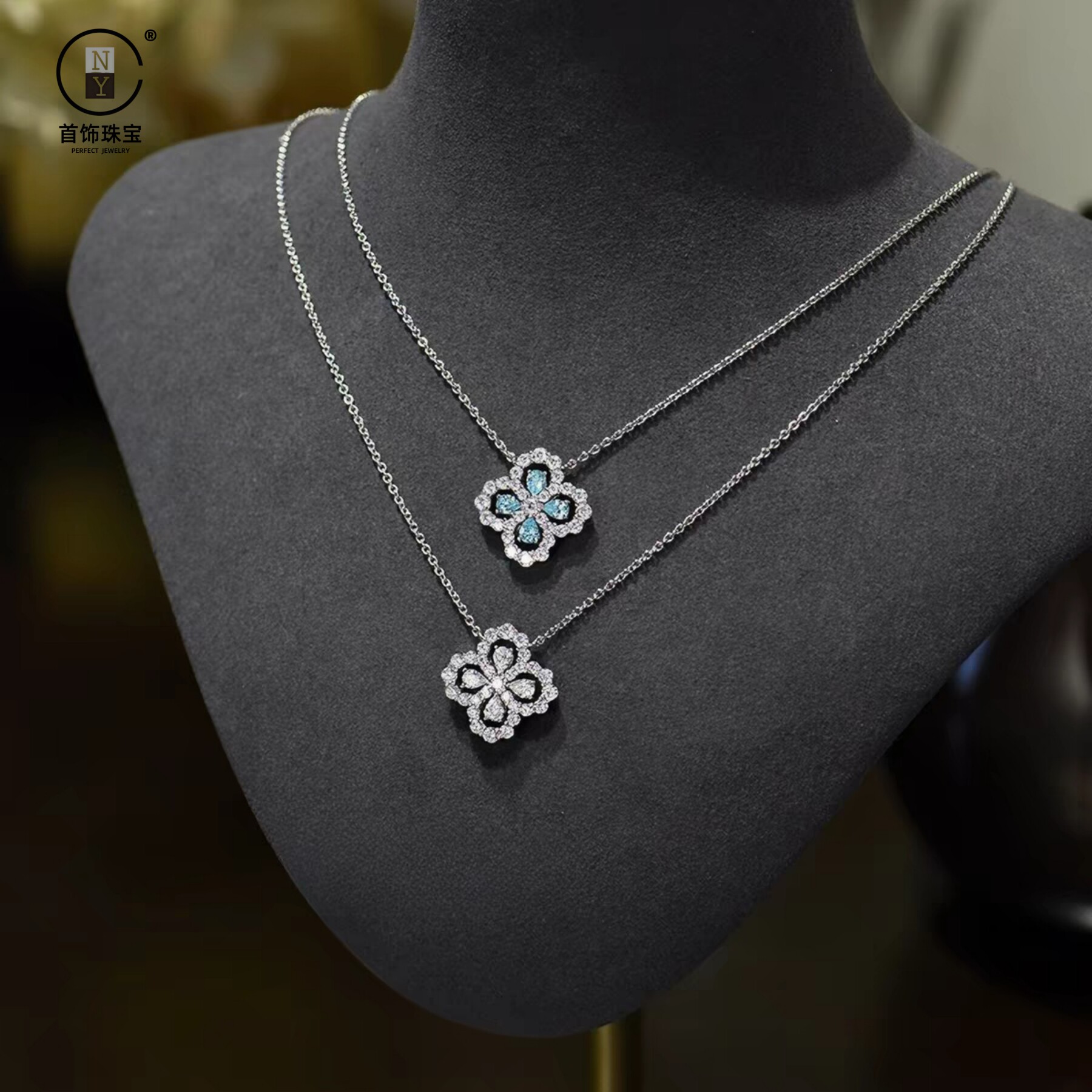 NY纯银S925镀18K白金色镶满5A锆钻四叶草轻奢锁骨项链焦点高级感