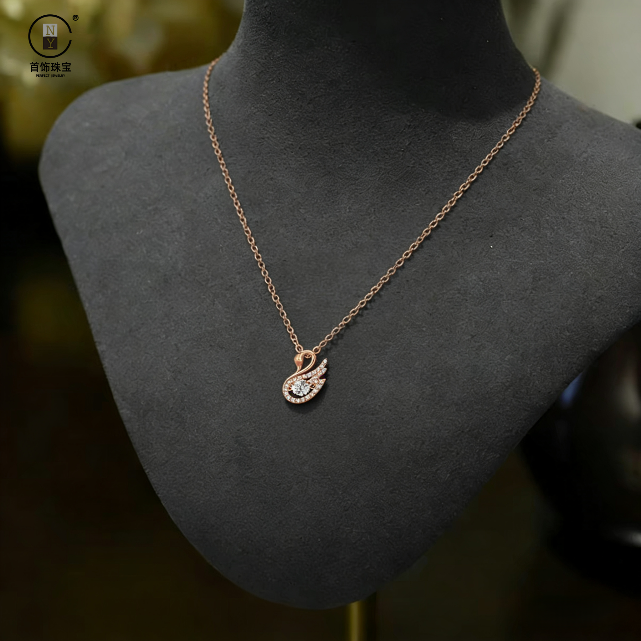 NY足银S999电镀铂金镶钻吊坠项链女幸运天鹅跳动的心锁骨链送女友