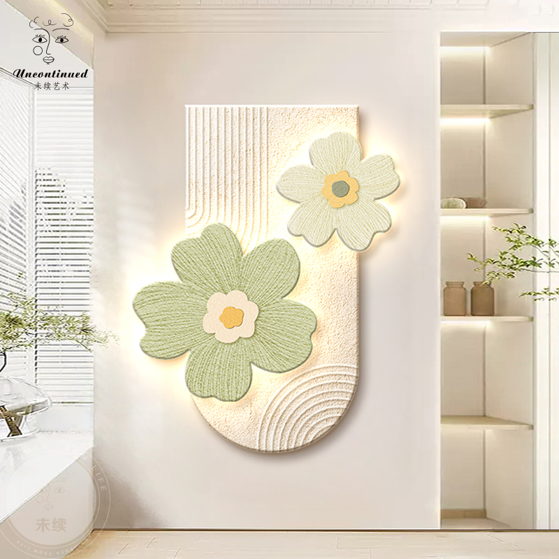 奶油风入户玄关装饰画3D立体花卉走廊过道壁画led灯砂岩客厅挂画
