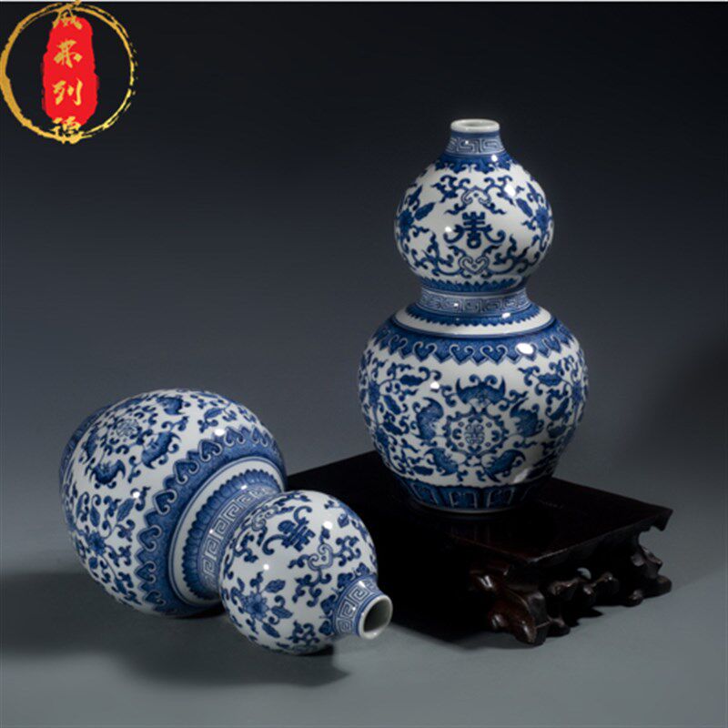 威弗列德景手绘仿古青花缠枝莲葫芦工艺品复古花瓶德镇花瓶陶瓷器