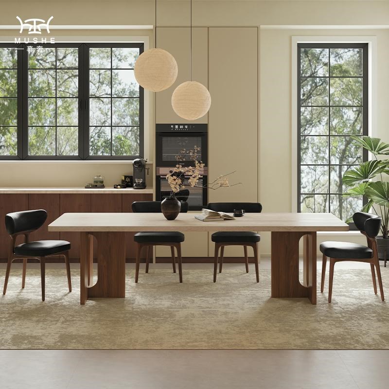 暮奢复古餐桌椅组合洞石岩板家用现代简约小户型长方形中古风餐桌