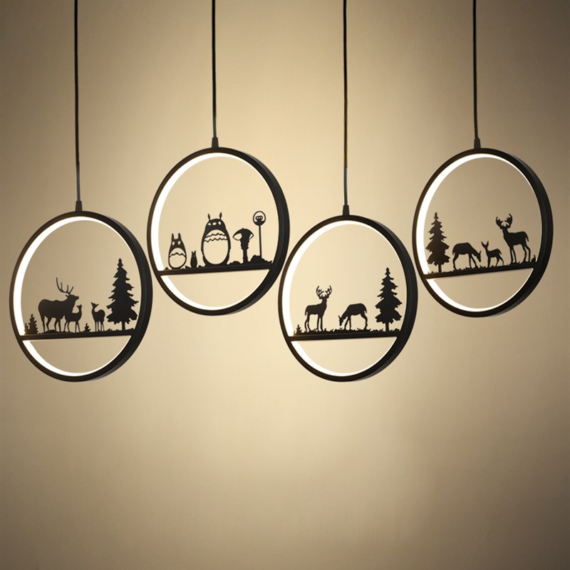 圆形黑色铁艺雕花吊灯现代简约LED护眼过道吧台餐厅铁艺装饰灯