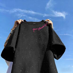 2026夏日黑色短袖T恤男ins宽松韩版帅气圆领亮片情侣复古上衣潮流