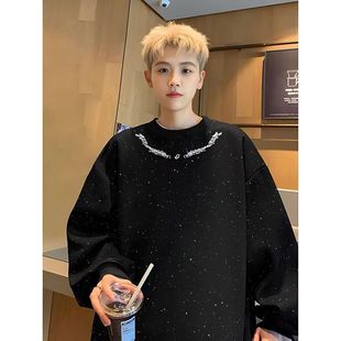 中长款时尚慵懒风秋冬季新款满天星亮片卫衣长袖男士宽松显瘦上衣