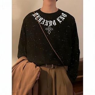 慵懒感个性风满天星亮片长袖体恤印花男款秋冬季长袖新款男装上衣