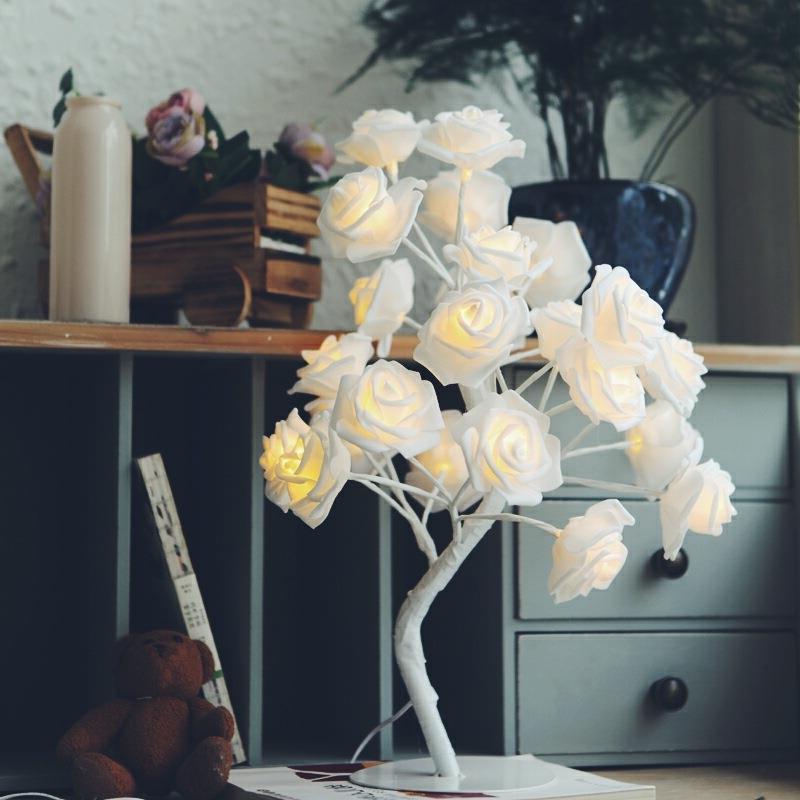 led树灯玫瑰花床头小夜灯少女心房间装饰台灯宿舍彩灯串树灯