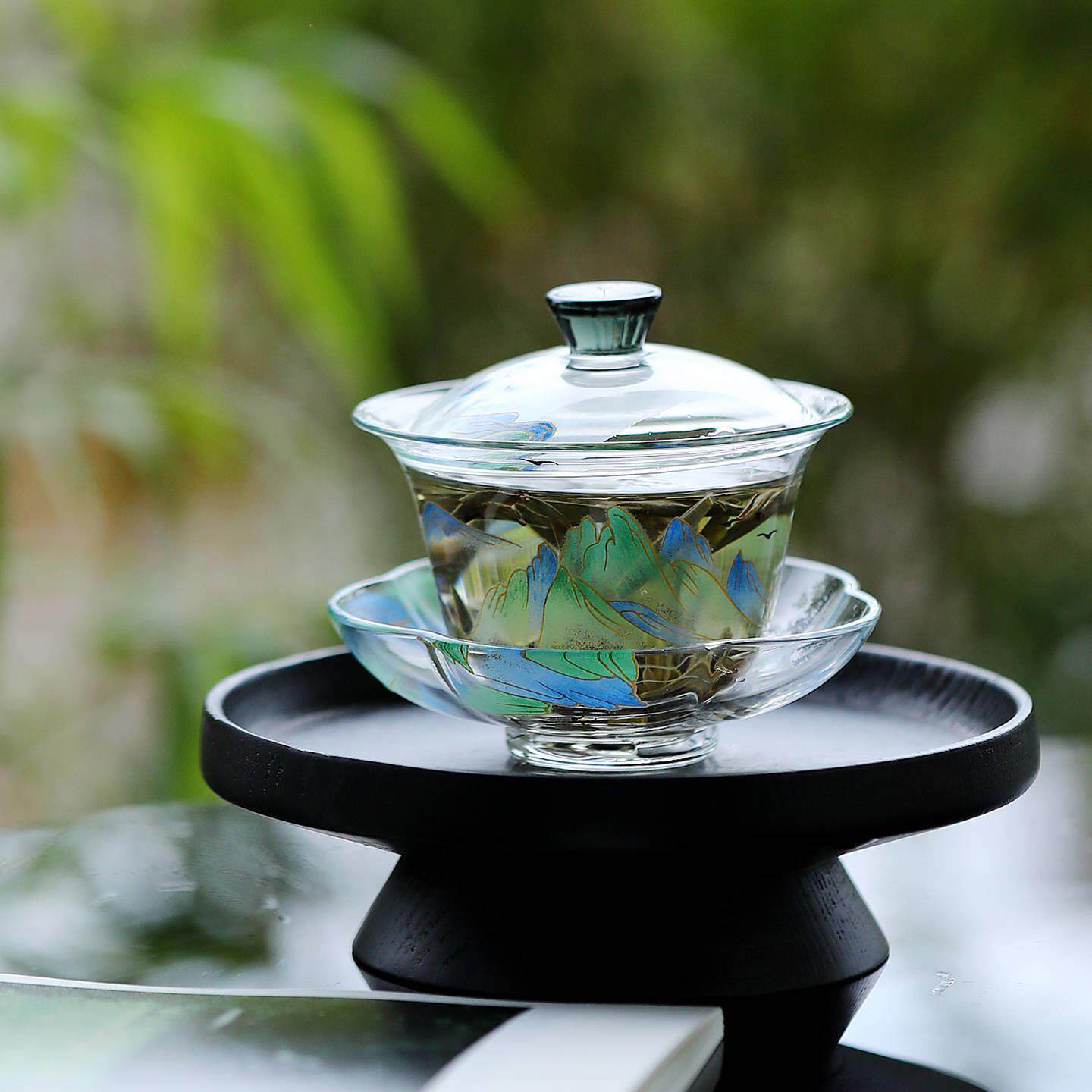 千里江山玻璃三才盖碗单个泡茶碗带盖茶杯中式高颜值功夫茶具耐热