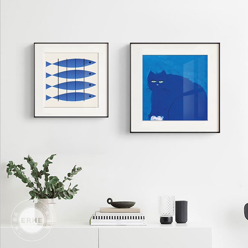 苍蓝 现代简约蓝色抽象装饰画原木小清新餐厅挂画猫咪鱼卡通壁画图片