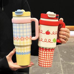 怦怦花田吨吨杯大容量车载保温杯冰霸杯吸管女生不锈钢水杯子新款