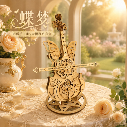 DIY木质大提琴音乐盒情侣礼物