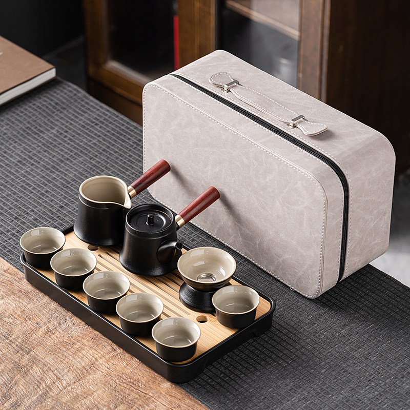 高档木柄侧把茶壶茶具套装陶瓷泡茶壶便I携旅行户外露营功夫茶整