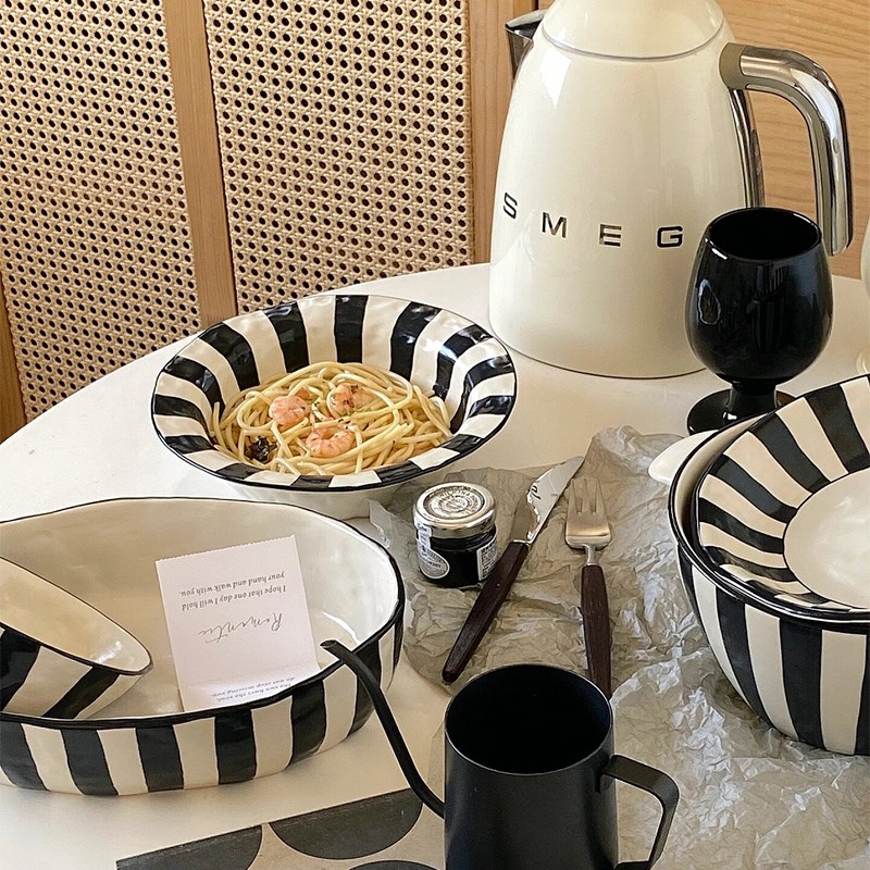 法式高温黑白条纹圆形家用陶瓷y汤盘意面盘双耳汤碗烤碗沙拉甜品