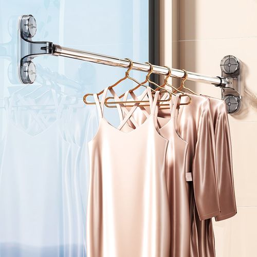 吸盘晾衣杆可伸缩免打孔家用阳台墙上F一根晒被子架飘窗室内晒衣