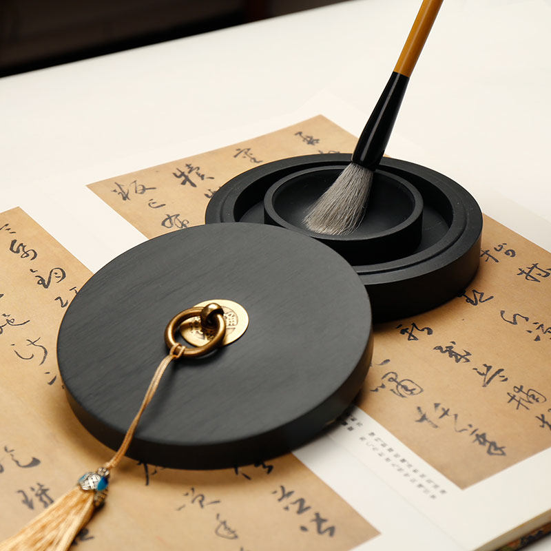 双圈保湿防c蒸发不干墨火锅砚台 原石毛笔墨水书法专用带盖墨盒墨