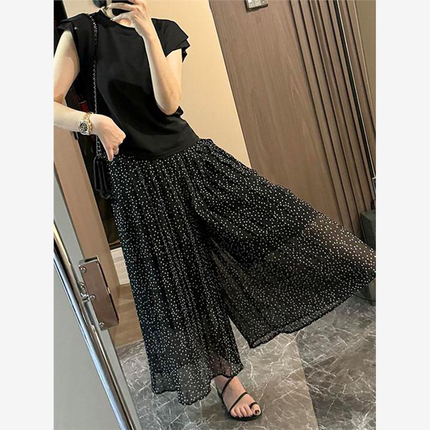 大码夏季雪纺波点高腰a字裙裤女胖妹妹百搭显瘦遮肚松紧腰阔腿裤