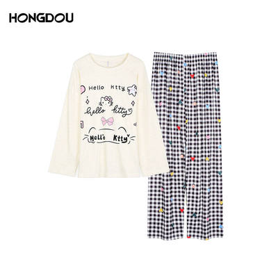 【大美唤粉丝专享】可爱卡通KT格子睡衣家居服套装-7480