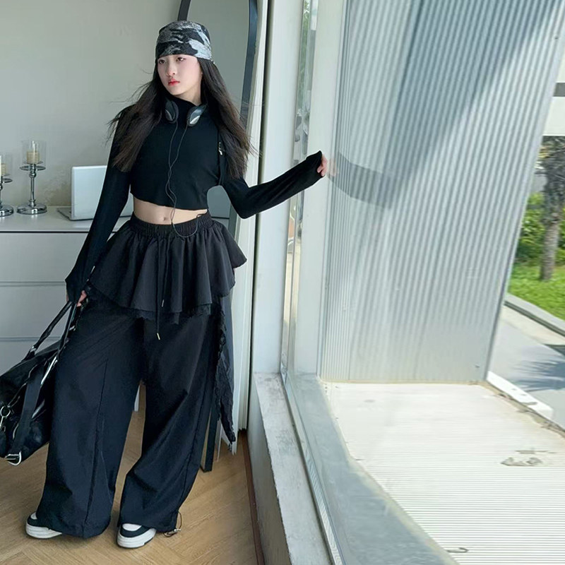 爵士舞女童甜酷蕾丝拼接叠穿裙摆休闲工装裤女孩纯黑色打底衫套装