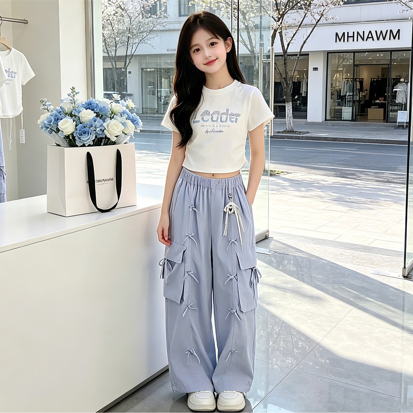 夏季女童爵士舞工装风短袖阔腿裤两件套儿童街舞时尚舞蹈上衣套装