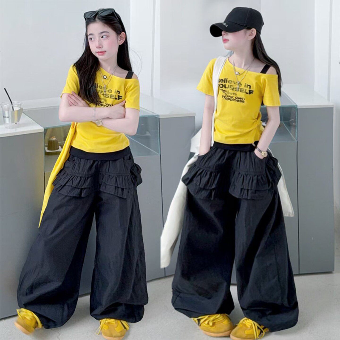 网红女童韩版街头风演出服2026露肩T恤黄色短袖阔腿裤套装透气潮