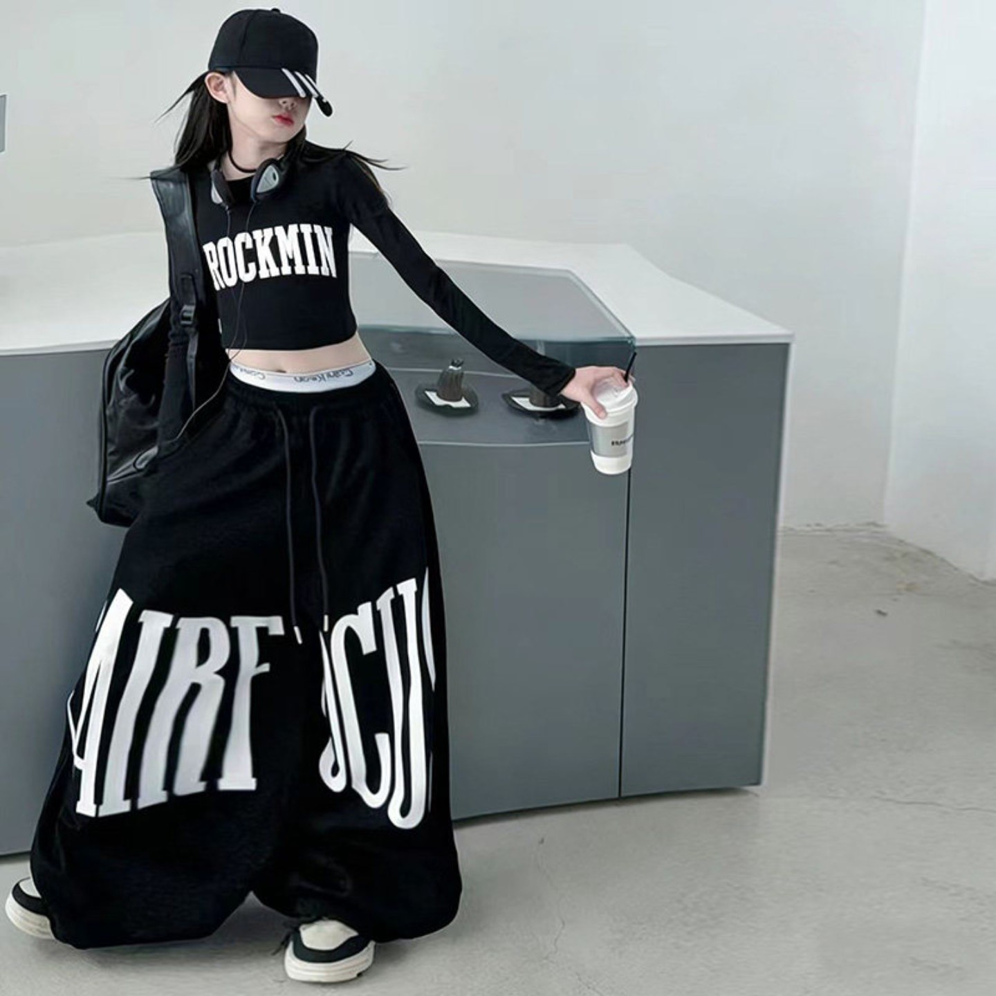 爵士舞女童服装jazz黑色长袖练功服女孩舞蹈潮酷套装儿童街舞表演