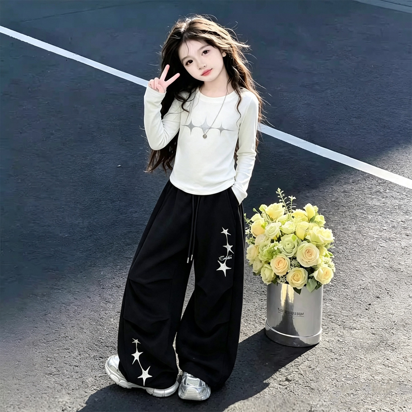 秋季套装爵士舞女童2026新款女大童春款长袖恤秋装炸街休闲阔腿裤图片