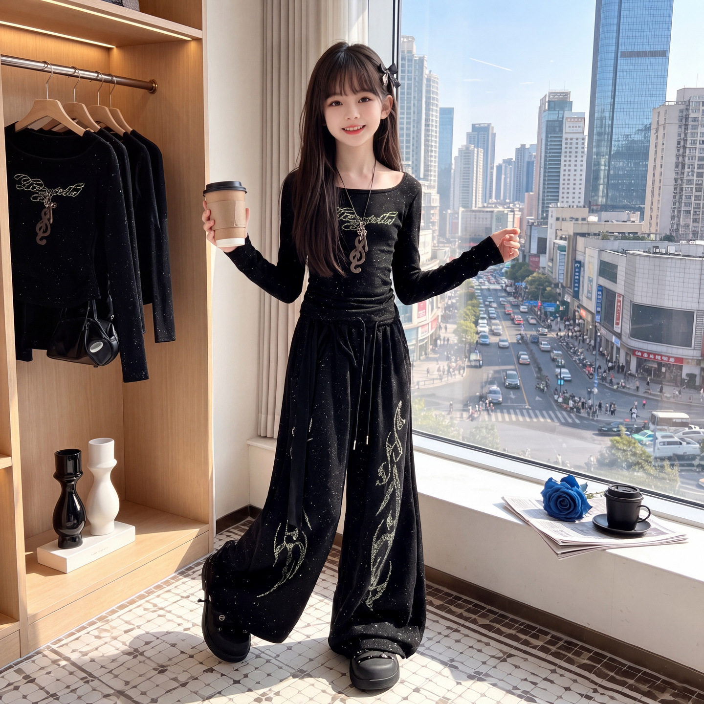爵士舞女童秋装套装2026新款女孩春秋款美式辣妹风烫钻上衣阔腿裤