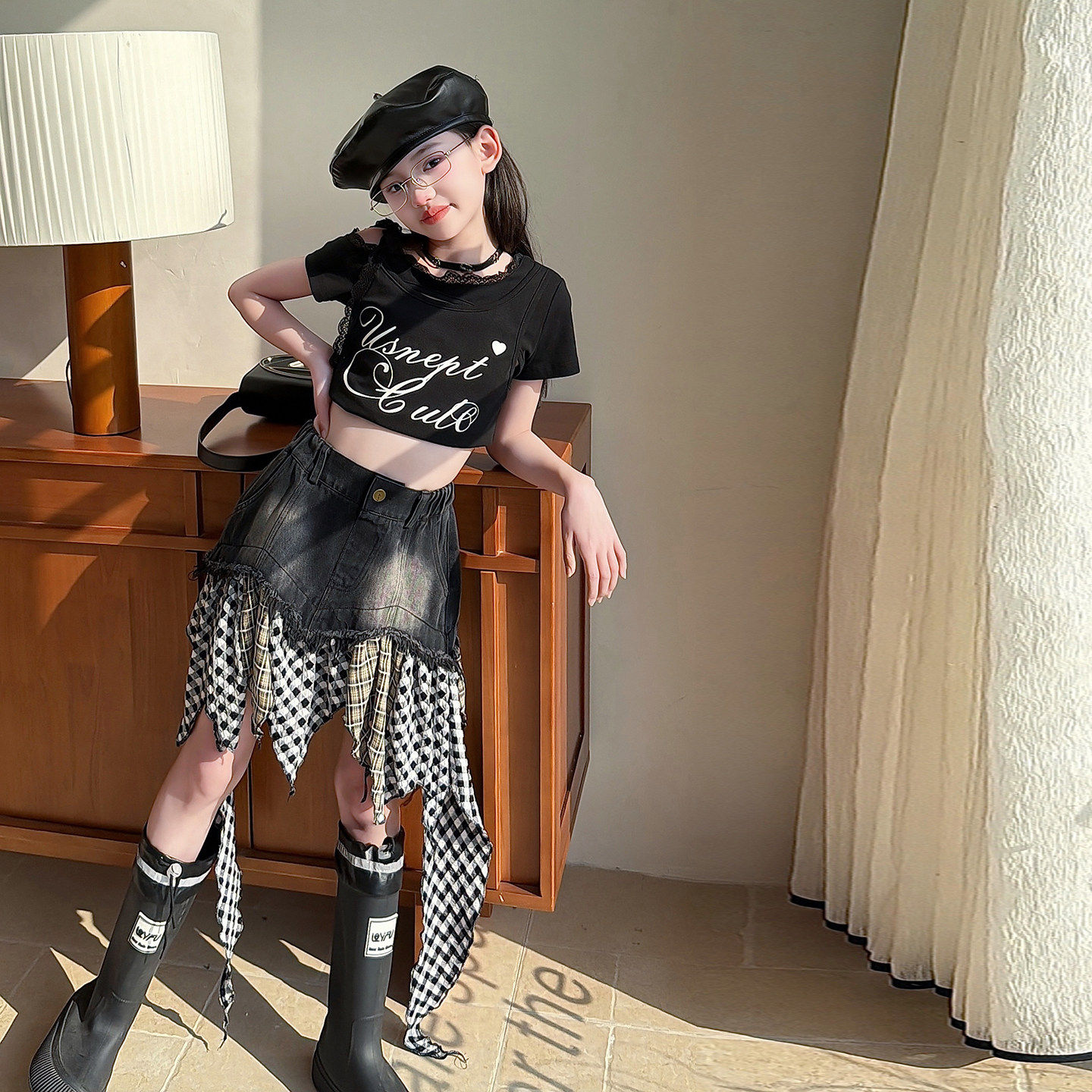 女童蕾丝肩带背心短袖拼接牛仔裙夏季辣妹儿童装走秀时髦洋气穿搭