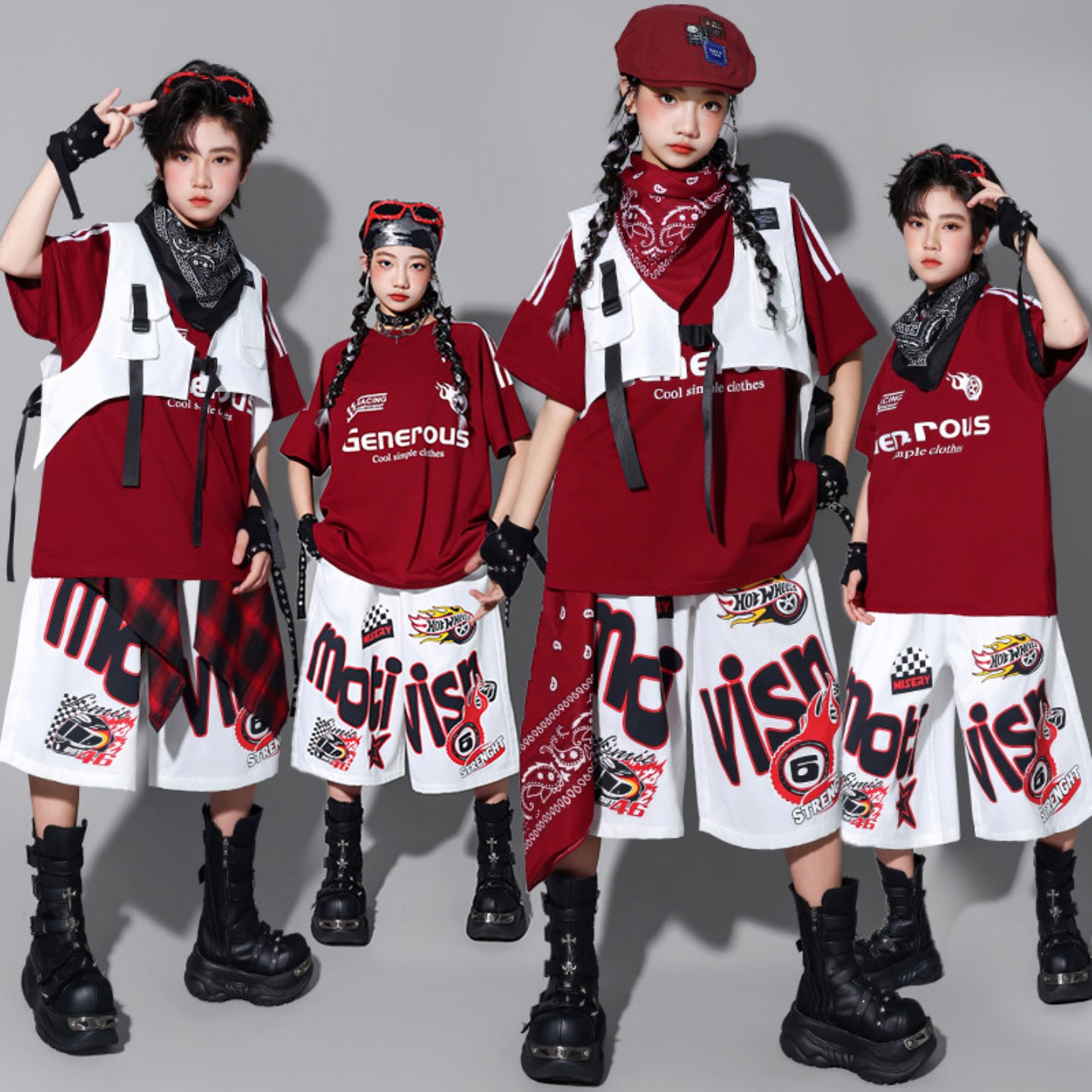 六一儿童嘻哈红色街舞演出服男童hiphop马甲服装少儿架子鼓套装潮