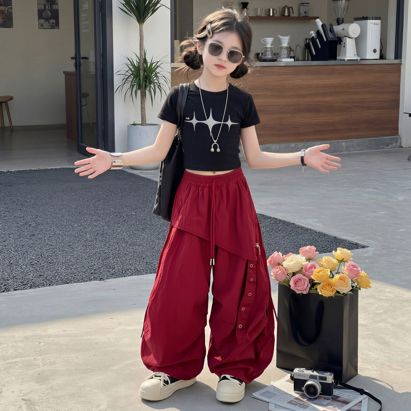 女童酷感修身短袖飘带工装弯刀裤两件套爵士街舞演出服装夏装套装