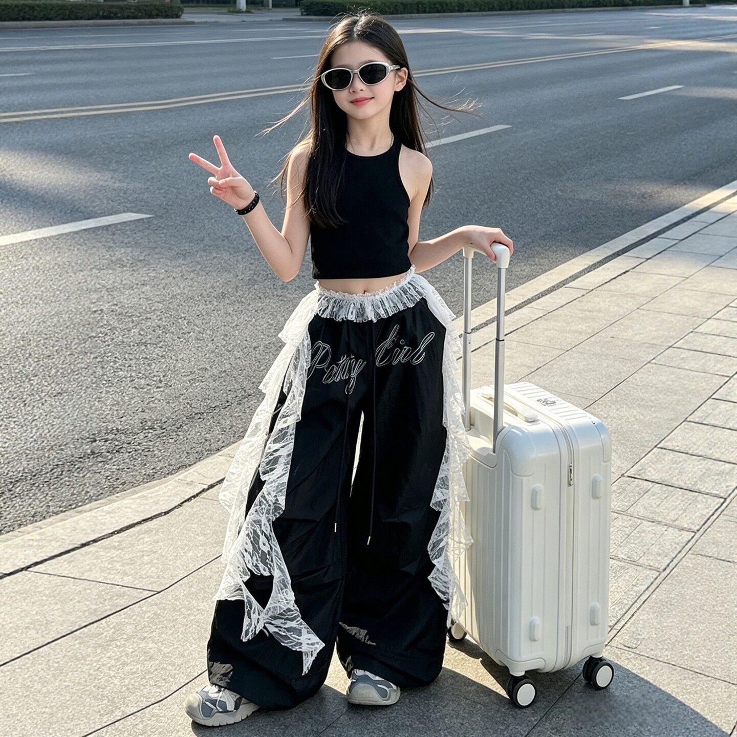 爵士舞女童夏季背心套装无袖上衣2026款宽松蕾丝皮帘阔腿裤两件套
