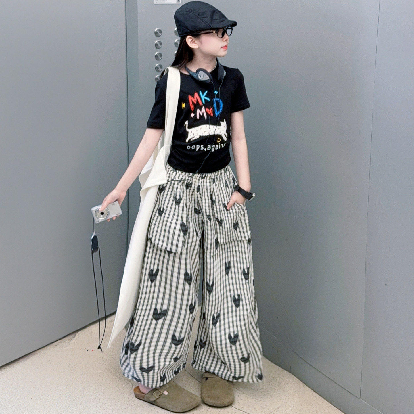 爵士舞女童夏季休闲套装印花T恤格子阔腿裤2026儿童洋气时髦短袖