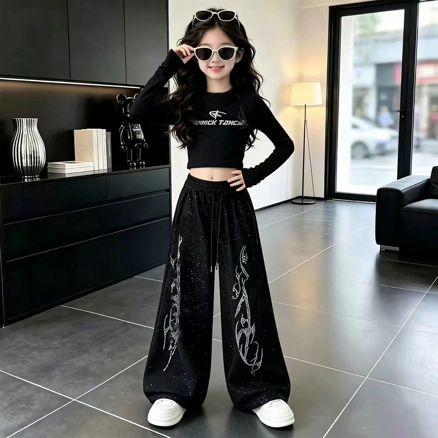爵士舞服装女童街舞演出服黑色长袖套装时髦帅痞烫钻裤少儿hiphop