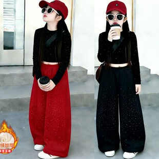 儿童爵士舞套装嘻哈街舞女童舞蹈服表演2026秋冬新款红色阔腿裤