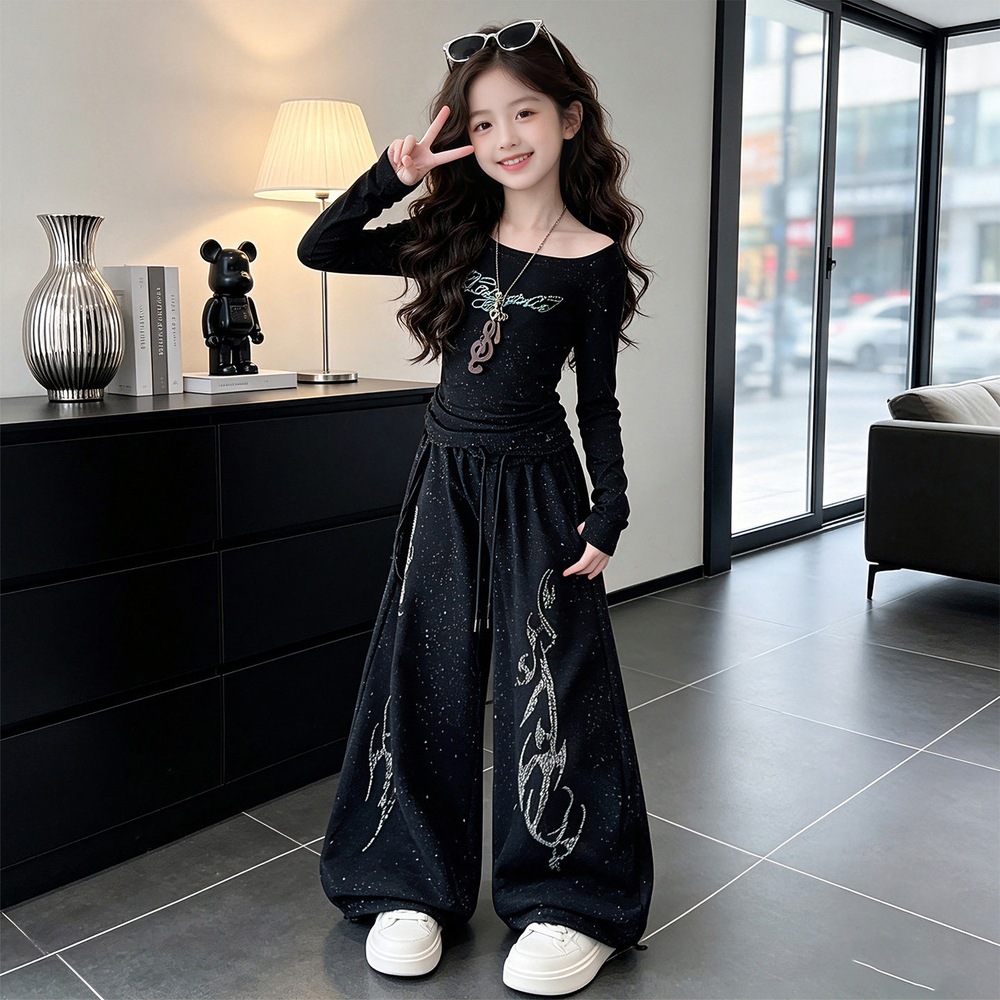 女童黑色撒银爵士舞服装大儿童jazz走秀潮服少儿嘻哈街舞阔腿裤子