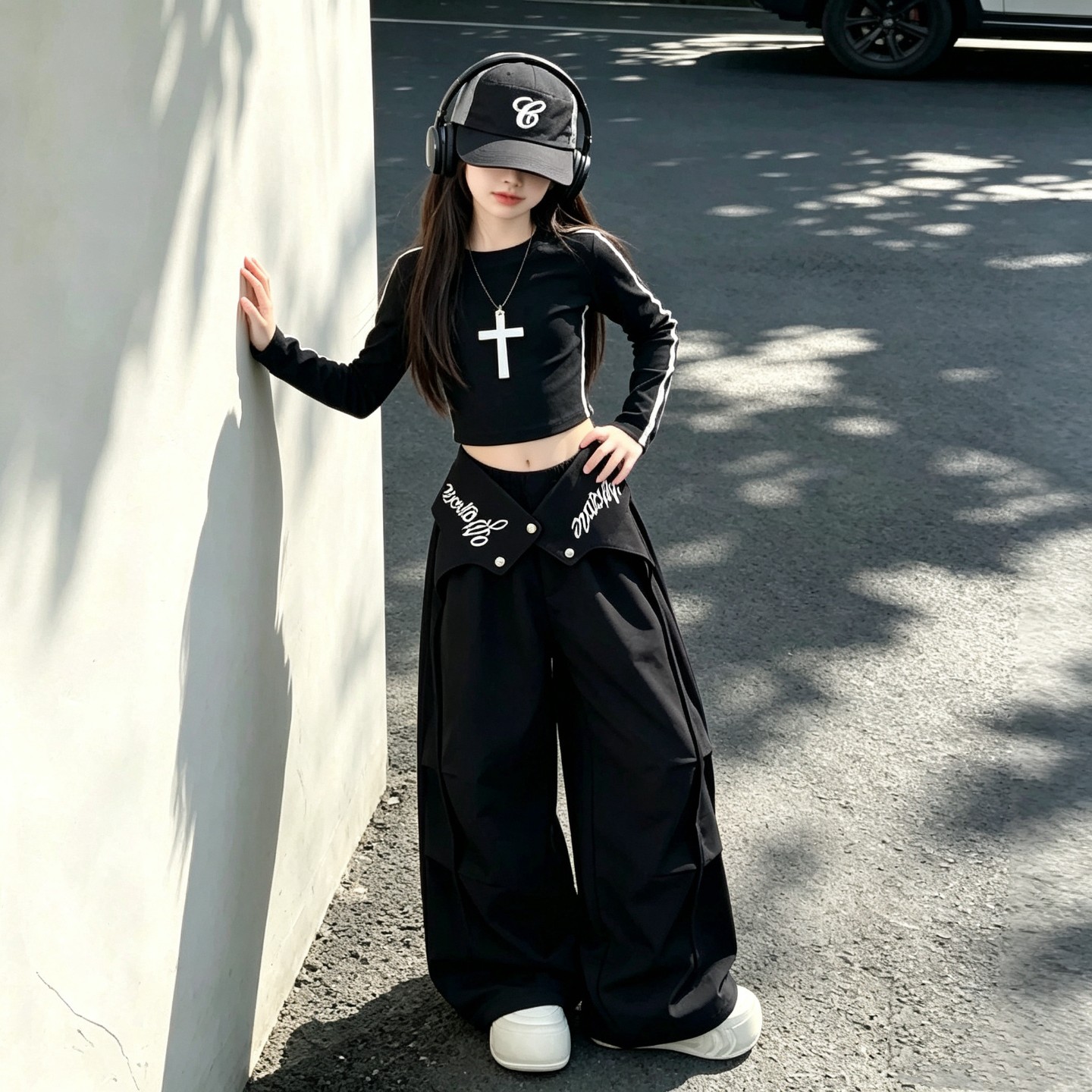 女大童潮酷上衣阔腿裤两件套2026春秋新款女孩街头风休闲套装街舞