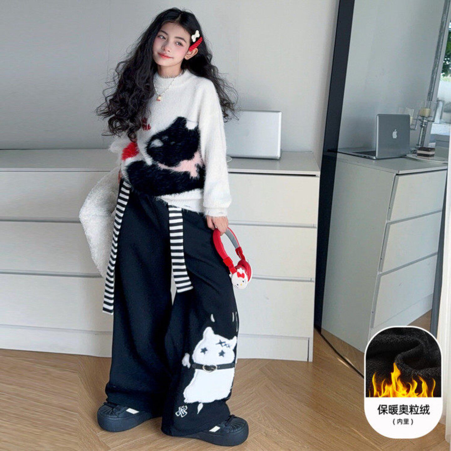 女童秋装套装2025新款女孩秋冬洋气韩系加绒加厚毛衣阔腿裤两件套