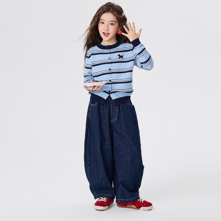 女童秋装毛衣开衫外套2026新款好看条纹针织衫大童韩系穿搭牛仔裤